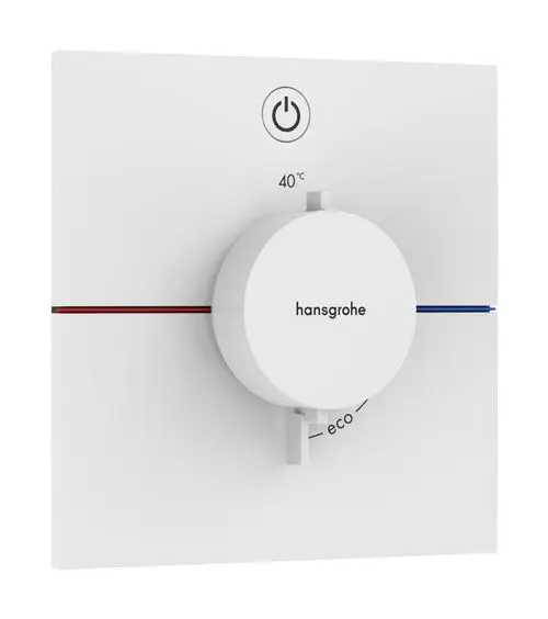 Thermostat in Mattweiß von Hansgrohe mit Einstellknopf für Temperaturregelung und ECO-Funktion, montiert auf einer flachen Wandplatte.